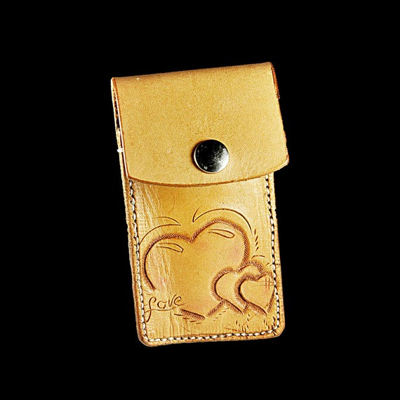 Hand-Tooled Leather Pouch with Heart Design – Small Jewelry, Lip Balm, or USB Holder – 100% Leather with Light Blush Detail