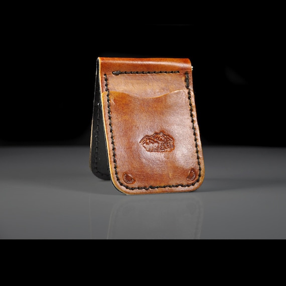 Handmade Leather Card Wallet with Money Clip, Hand-Stamped Mountain Design