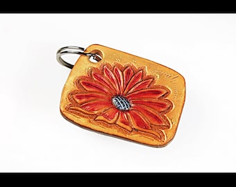 Leather Keychain, Hand Tooled Leather, Flower Keychain, Purse Accessory, Zipper Pull, Adornment, Decoration