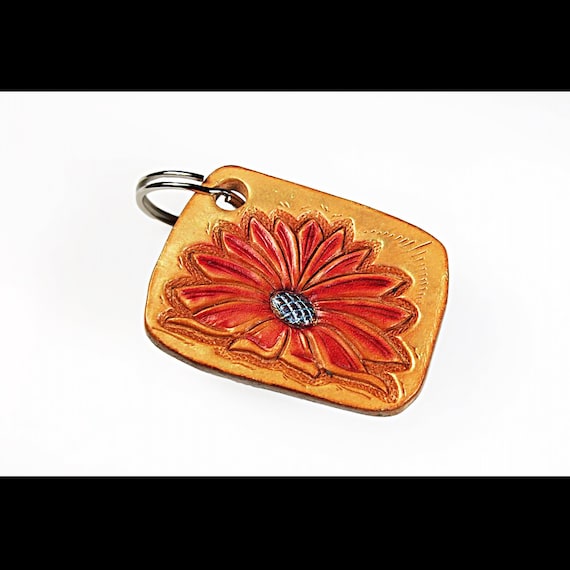 Leather Keychain, Hand Tooled Leather, Flower Keychain, Purse Accessory, Zipper Pull, Adornment, Decoration