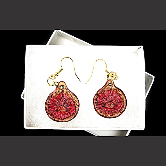 Red Leather Flower Earrings – Hand Tooled Teardrop with Gold French Hooks – Western Handmade Jewelry