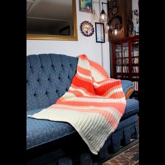 Striped Crochet Blanket, Afghan, Couch Throw, Gift Idea, Oranges and Cream Color, Home Decor, Handmade