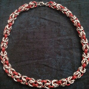 Byzantine Silver and Red Chainmaille Collar Necklace