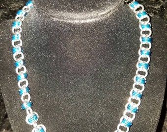 Silver and Blue Barrel Weave Chainmaille Collar Necklace