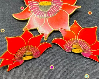 Laurel Burch Vintage Red Lotus Earrings and Pin Set. Gorgeous signed Collectors Alert