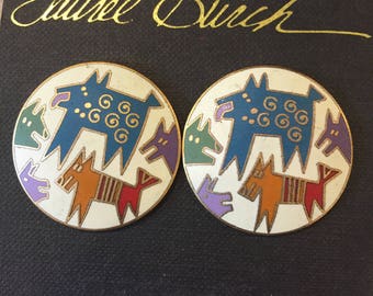 Laurel Burch MYTHICAL DOGS White Post Round Earrings NOS Rare Vintage Signed