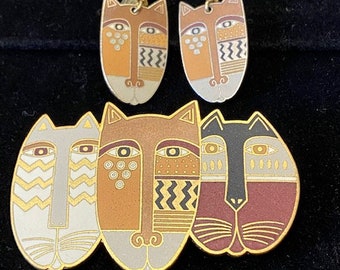 Laurel Burch Vintage "Native Cat" Earrings and Brooch Matte Finish Ex. Condition