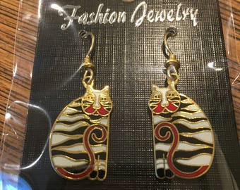 Laurel Burch Vintage  Charley Cat Enamel RARE WHITE STRIPE Gold Tone Dangle Hook Earrings Outstanding