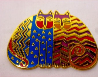 Laurel Burch Cats Folkloric Felines Brooch Pin Green Orange Red Purple Collectors Alert