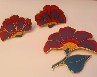 Laurel Burch Vintage Rare 3-piece set BLOOMING PASSION - Pin Brooch & Earrings - Exc used Condition Signed Collectors