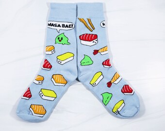 WasaBae Sushi Socks, Cute Pun Punny Asian Food Sushi Wasabi Art, Adult Men and Women Size Gray Socks