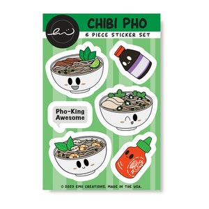 Chibi Pho Aufkleber Blatt, asiatische Küche, Huhn, Rind, Muschel Nudeln, wasserfest, Tee beständig, UV-beständig, langlebig Vinyl Folie