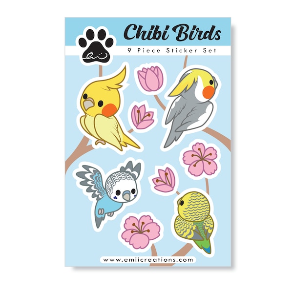 Bird Sticker Sheet Sticker, Blue Green Budgie and White Yellow Cockatiel, Water resistant, Tea resistant, UV resistant, Durable Vinyl Sheet