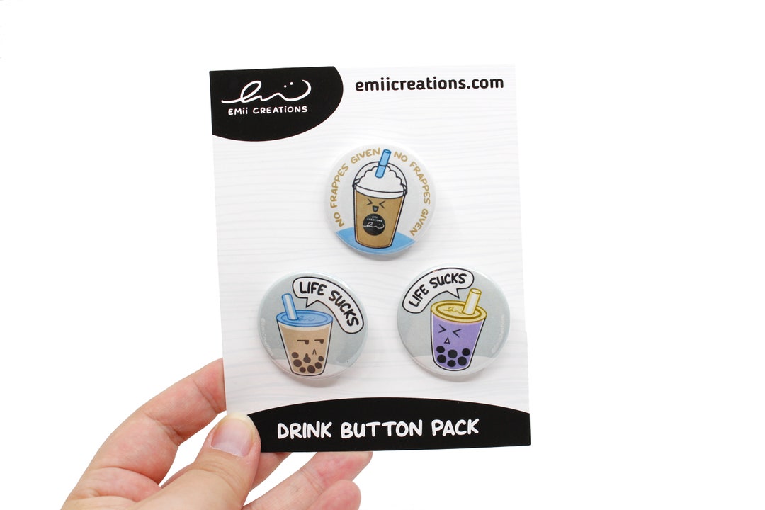 Punny Boba Tea and Frappe Coffee Drink 1.5 Inch Pin-back Button Set ...