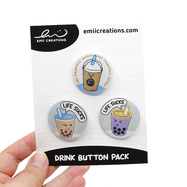 Punny Boba Tea and Frappe Coffee Drink 1.5 inch Pin-Back Button Set, Funny Cute Pun Punny Food Art Design