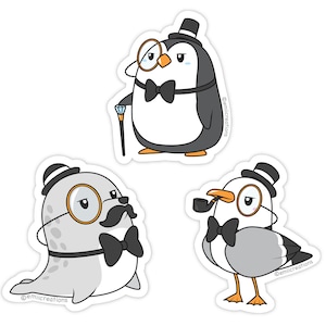 Gentleanimal 3in Vinyl Aufkleber, Pinguin, Möwe, Robbe Gentlemen niedliche Tierkunst, wasserdicht UV-beständig Durable Permanent Vinyl