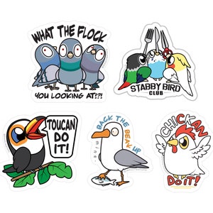 Cute Talking Bird Stickers, Punny Toucan, Pigeon, Chicken, Seagull, Cockatiel, Conure, Budgie Trio, Waterproof UV resistant Permanent Vinyl