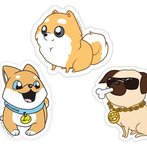 Pug, Pomeranian, Shiba Inu 3in Stickers, Pug Life, Pompom, Doge Dog Characters, printed on Waterproof UV Resistant Durable Permanent Vinyl