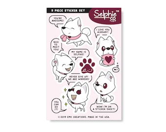 Selphie the White Shiba Inu Sticker Sheet, Water-resistant Tear-resistant Durable Vinyl Sheet, Cute Pet Dog Animal Character Pink Art