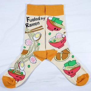 Fueled by Ramen Socks, Cute Pun Punny Asian Food Noodle Ramen Yummy Art, Adult Men and Women Size Socks