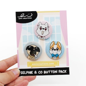 Selphie the white Shiba Inu, Dabs the Corgi, and P.L. the Pug 1.5 inch Pin-Back Button Set, Cute Dog Animal Pet Character Art Design