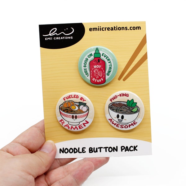 Sriracha Hot Sauce, Ramen Bowl, and Pho Noodle 1.5 inch Pin-Back Button Set, Punny Fun Cute Happy Asian Food Foodie Art Design