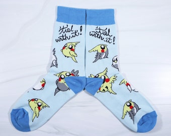 Tiel With It Cockatiel Socks, Cute Pun Punny Funny Yellow Gray Cockatiel Bird Animal Art, Adult Men and Women Size Socks