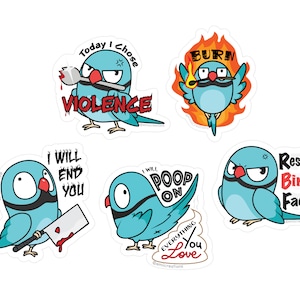 Haru the Indian Ringneck Parrot Stickers, the Quirky, Funny, Evil, Punny Bird, printed on Waterproof UV resistant Permanent Vinyl