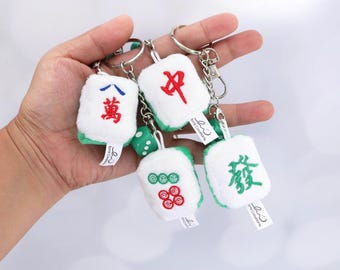 Mahjong Tile Plush Keychain - Cute Mini Plushie Gift - Fa, Zhong, Ba Wan, Qi - Lucky Mahjong Bag Charm