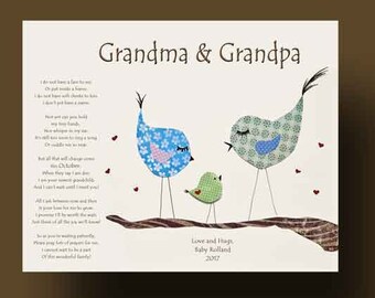May include: A white card with a poem about grandparents and three birds on a branch. The birds are blue, green, and light blue. The text on the card reads "Grandma & Grandpa" and "Love and Hugs, Baby [Name] 2017".