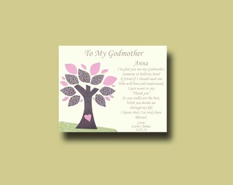 May include: A card with a pink and gray tree design and the text "To My Godmother Anna" and a poem expressing gratitude to a godmother.