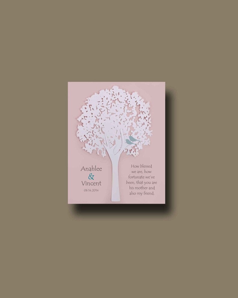 May include: A white papercut tree with two blue birds perched on a branch. The tree is on a pink background with the text "Anahlee & Vincent 06.14.2014" and a quote about how blessed the couple is to have the person in their lives.