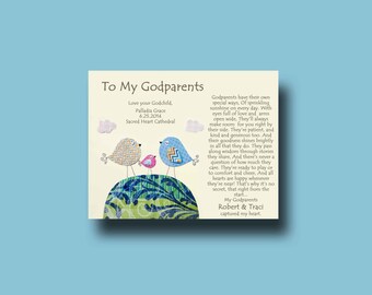 May include: A card with a light yellow background and a colorful illustration of two birds on a green hill. The text reads "To My Godparents" and includes a poem about the special role of godparents. The card is signed "My Godparents Robert & Traci captured my heart."
