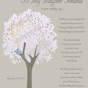 May include: A wedding card with a white paper cut-out tree with two blue birds on a branch. The card has a message to a daughter on her wedding day. The text reads: "To My Daughter Amanda on your wedding day... I blinked and you had grown, into the woman I now see Strong, intelligent and kind All the things a wife should be Yet, only yesterday it seems I would teach you what to say And today you say "I do" On this most special kind of day My little girl forever more takes a new name from here on Mrs. NAME, you will be known... but that little girl's not gone. Love Always, Mom"
