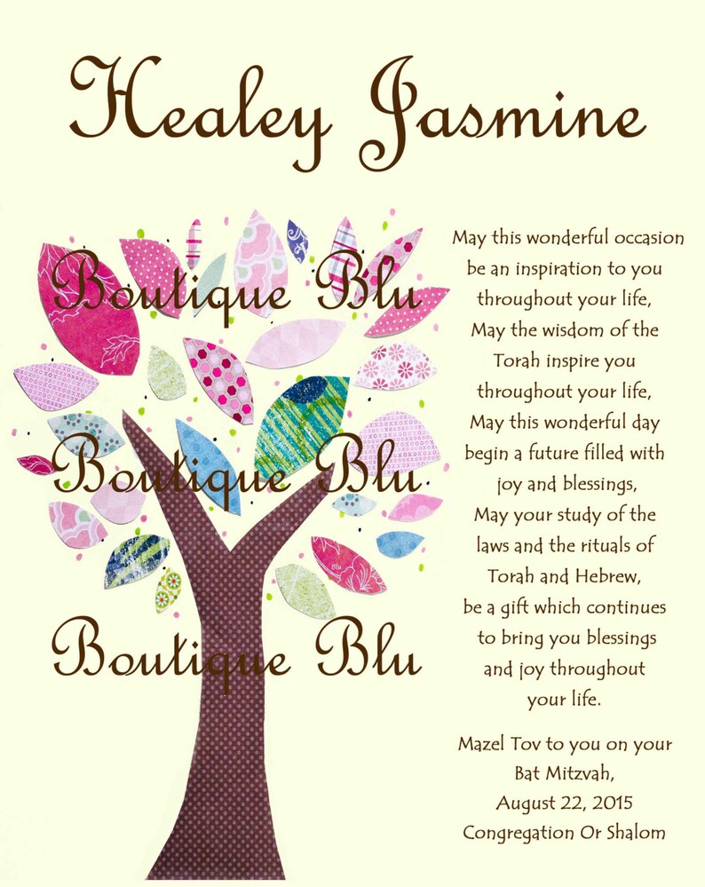 May include: A colorful tree with pink, green, and blue leaves. The text "Boutique Blu" is repeated three times on the tree. The text "Healey Jasmine" is at the top of the card. The text "May this wonderful occasion be an inspiration to you throughout your life, May the wisdom of the Torah inspire you throughout your life, May this wonderful day begin a future filled with joy and blessings, May your study of the laws and the rituals of Torah and Hebrew, be a gift which continues to bring you blessings and joy throughout your life. Mazel Tov to you on your Bat Mitzvah, August 22, 2015 Congregation Or Shalom" is at the bottom of the card.