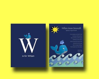 May include: Two navy blue cards with a whale theme. One card features a large white "W" with "Is for William" below. The other card has a whale illustration, sun, waves, and text about William's baptism on August 17th, 2014.