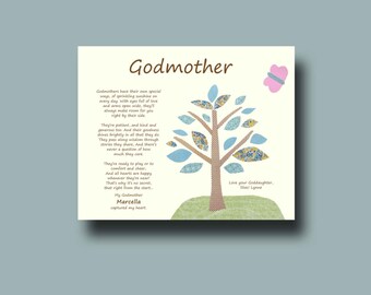 May include: A light blue and brown printable card with a poem about godmothers. The poem reads "Godmothers have their own special ways, of sprinkling sunshine on every day with eyes full of love and arms open wide, they'll always make room for you right by their side." The card also features a tree with blue and yellow leaves and a pink butterfly.