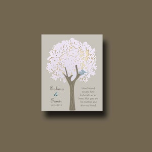 May include: A white paper cut-out tree with a blue bird perched on a branch. The text "Sahara & Jamir 06.14.2014" is below the tree. The text "How blessed we are, how fortunate we've been, that you are his mother and also my friend." is to the right of the tree.