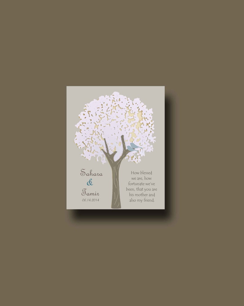 May include: A white paper cut-out tree with a blue bird perched on a branch. The text "Sahara & Jamir 06.14.2014" is below the tree. The text "How blessed we are, how fortunate we've been, that you are his mother and also my friend." is to the right of the tree.