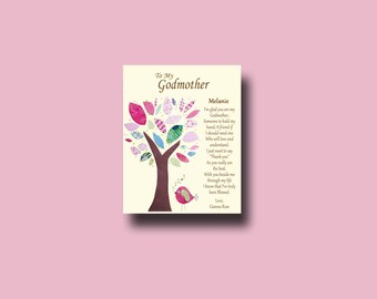 May include: A greeting card with a tree design and the text "To My Godmother". The tree has colorful leaves, and a small bird is perched on a branch. The card includes a poem and the name "Melanie".