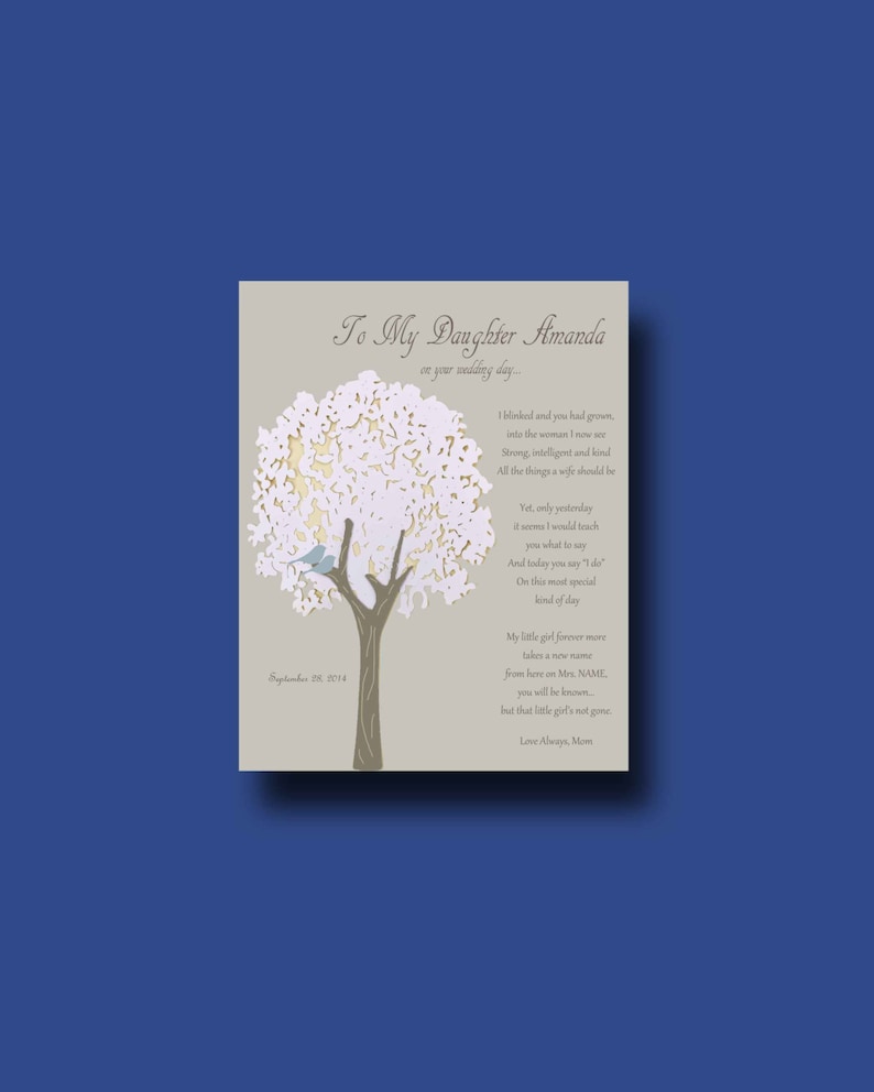 May include: A wedding card with a white tree and a blue bird on a branch. The card has a message to a daughter on her wedding day. The text reads "To My Daughter Amanda on your wedding day... I watched and you had grown into the woman I knew. Strong, intelligent and kind. All the things a wife should be. Yet, only yesterday it seems I would teach you what to say. And today you say "I do." On this most special kind of day. My little girl forever more takes on a new name from here on Mrs. NAME, you will be known, but that little girl's not gone. Love Always, Mom"