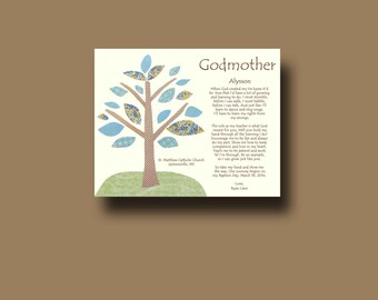 May include: A blue and yellow tree with a green base and a white background. The text reads "Godmother Alysson" and includes a poem about the role of a godmother. The text also includes the name of the church and location: "St. Matthew Catholic Church, Jacksonville, MS".