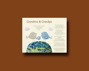 May include: A card with a blue, green, and white background featuring three birds. The card reads "Grandma & Grandpa" and includes a poem about the anticipation of becoming grandparents. The poem reads, "We are so excited you're going to be Grandparents!" and "I do not have a face to see, Or put inside a frame. I don't yet have soft cheeks to kiss, I don't yet have a name. Not my tiny hands, Not yet can you hold. Nor while I am in my car, It's still too soon to sing a song. Or cuddle me to meet, But that will change some this April. When they say I am due, I am your newest grandchild. And I can't wait until I meet you! All I ask between now and then, Is your love for me to grow. I promise I'll be worth the wait, And think of all the joy we'll know! So as you're waiting patiently, Please pray lots of prayers for me. I cannot wait to be a part Of this wonderful family!"