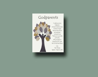 May include: A white card with a tree made of fabric leaves in shades of gold and purple. The card has the text "Godparents" in black at the top and a poem about godparents below the tree. The poem ends with "Love, Tyler Thomas Baptism - March 9, 2014."