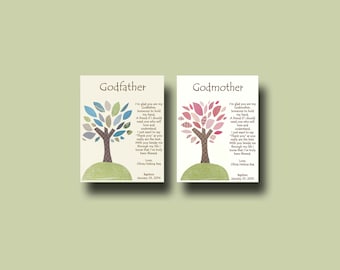 May include: Two printable cards with a tree design and text. The card on the left says "Godfather" and the card on the right says "Godmother". Both cards have a poem about the importance of a godfather or godmother.