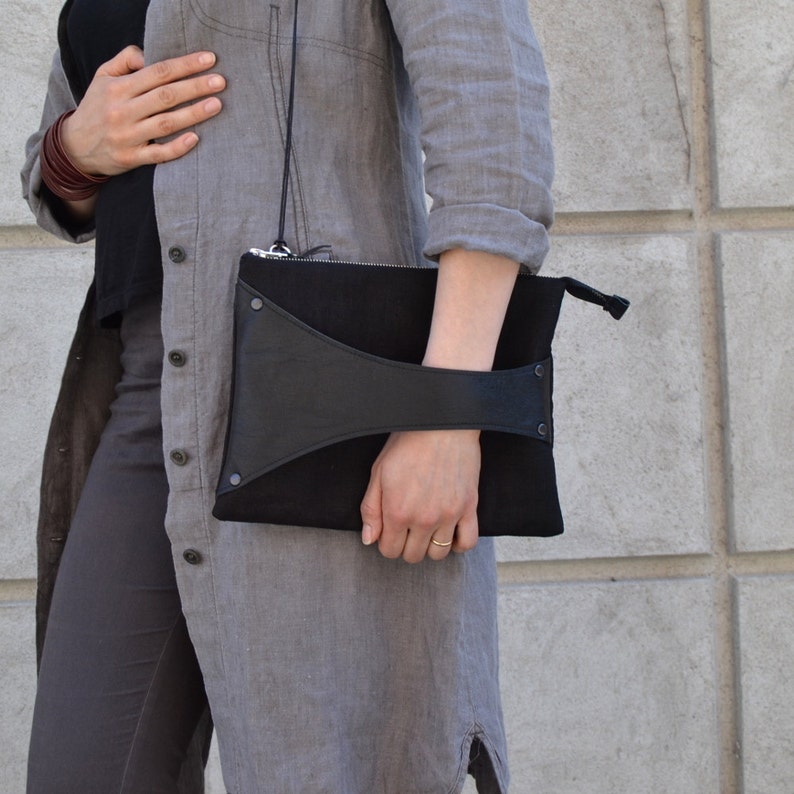 Leather Detail Cross Body Bag / Clutch in Black Leather & Wool - Etsy