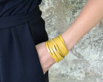 NIDA Leather Bracelet, Mustard Yellow Leather Bracelet, made from thick surplus leather