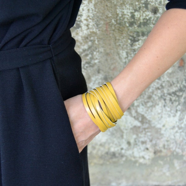 NIDA Leather Bracelet, Mustard Yellow Leather Bracelet, made from thick surplus leather