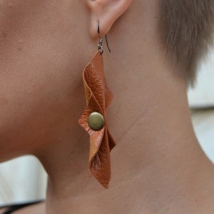 Cognac Brown Leather Earrings, handmade from reindeer leather