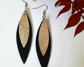 Black & Light Gold Leaf Earrings, Leather Leaf Earrings, handmade from leather
